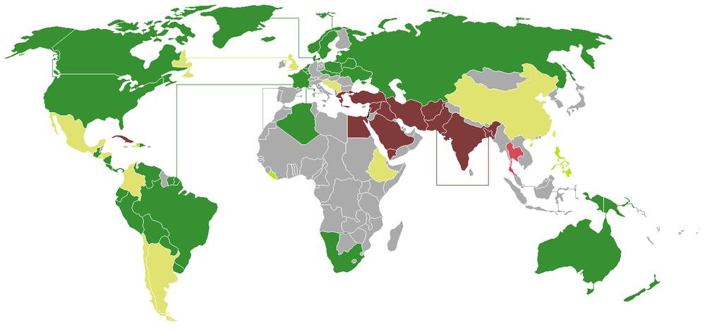 En color verde, los países que votaron a favor de la creación de dos Estados, en rojo, quienes votaron en contra y en amarillo, las abstenciones. Foto: Wikipedia.