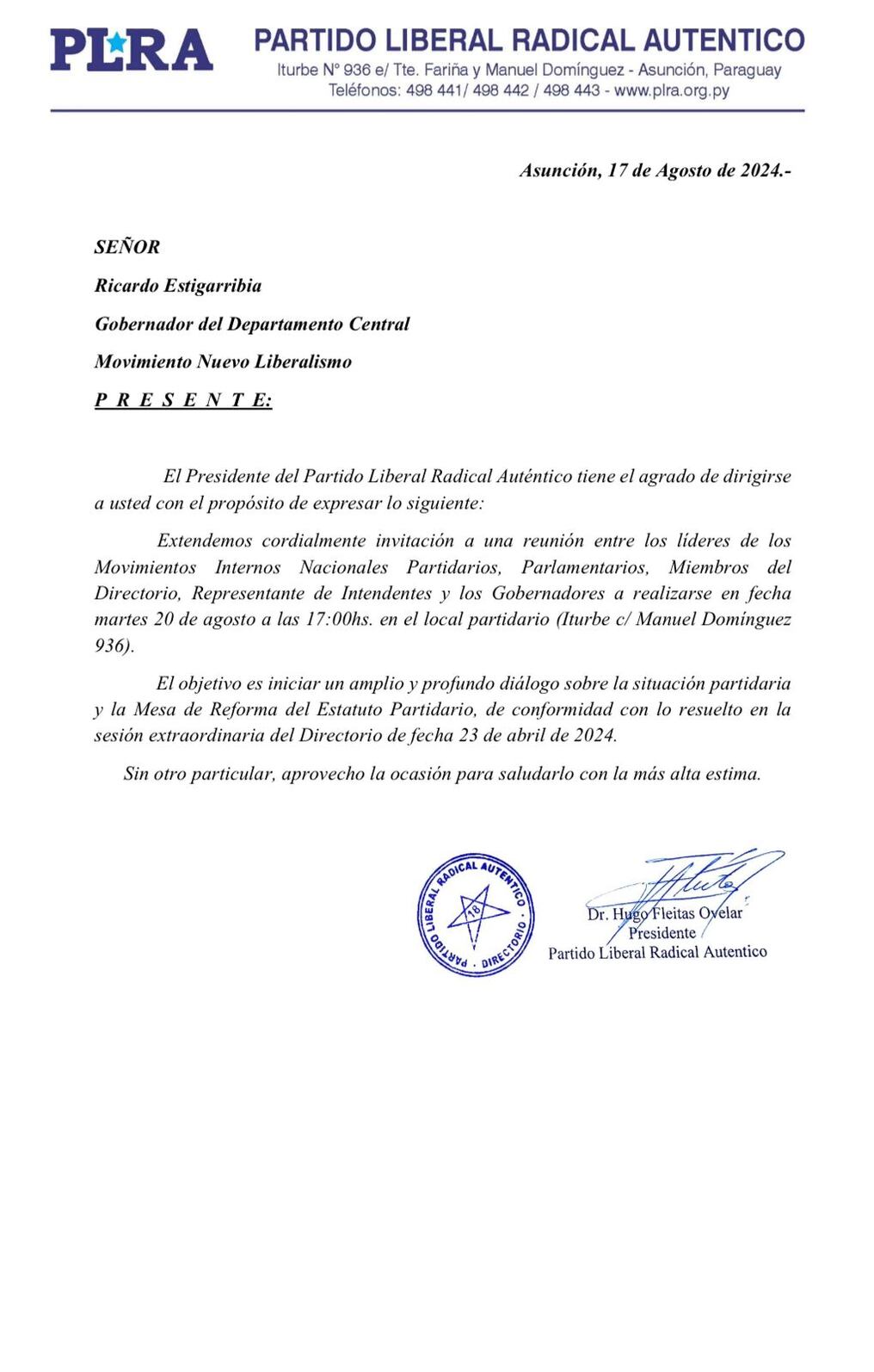 Documento remitido por el presidente del PLRA, Hugo Fleitas, a sus correligionarios. Foto: Gentileza 