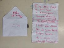 Carta hallada en la entrada del Colegio “Cadetes del Chaco” de Areguá. Foto: Gentileza.