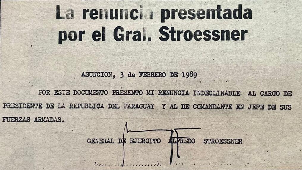 La carta de renuncia del exdictador Alfredo Stroessner. Foto: Gentileza