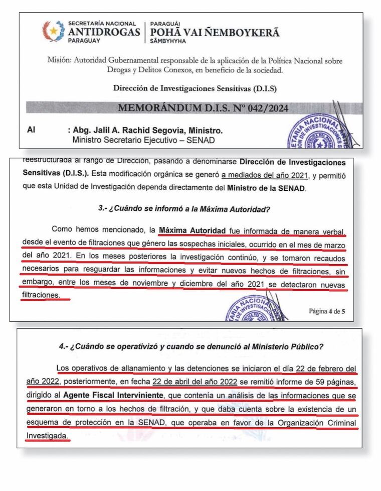 Extractos de la auditoría, donde muestran detalles de cómo operaba el esquema de filtración de las autoridades de la Senad del anterior gobierno