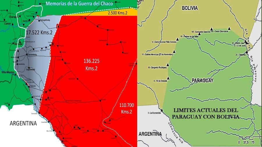 Ocupaciones paraguayas en rojo al final de la guerra (izq.) y límites actuales con Bolivia (der.). Foto: Gentileza Eduardo Ortiz